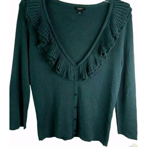 2 Talbots Sweater Size S Ruffle Trim Button Bronze/Green Cotton/Wool Blend - Picture 2 of 14